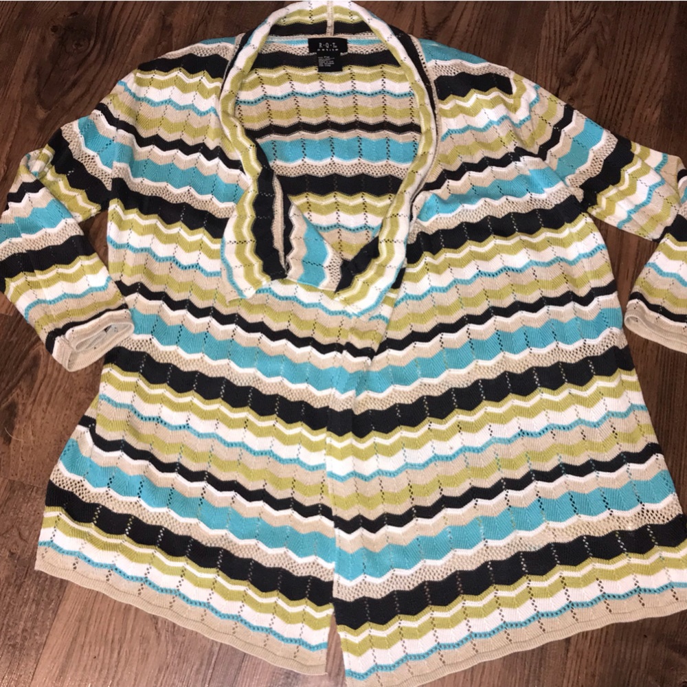 VINTAGE RQT name brand Open-Front Knit Cardigan Sweater Teal, Olive & Black